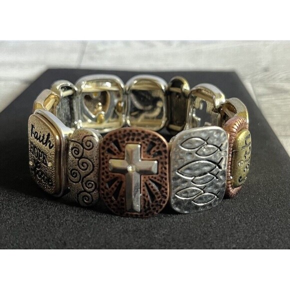 Mixed Metal Spiritual Faith Hope Love Hearts Christian Stretch Bracelet 8" - Picture 2 of 9